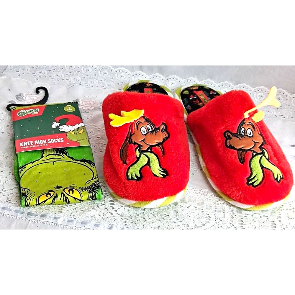 The Grinch Men's Socks & Childs Faux Fur Slippers Non-Slip US 2.5 Red/Green